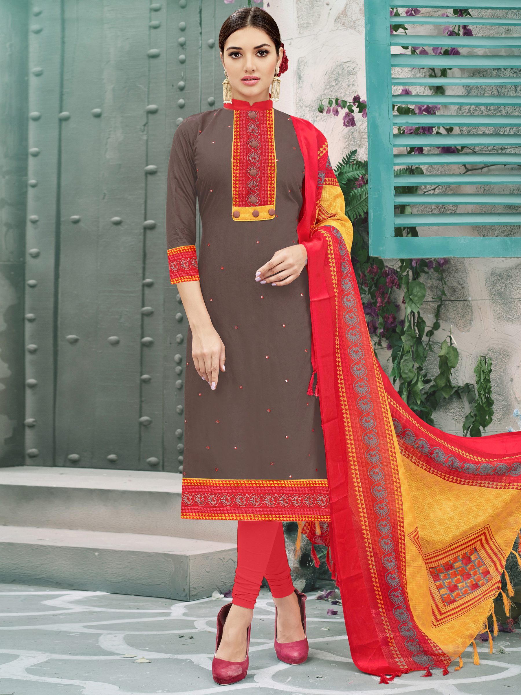 Stylee Lifestyle Brown Cotton Embroidered Dress Material