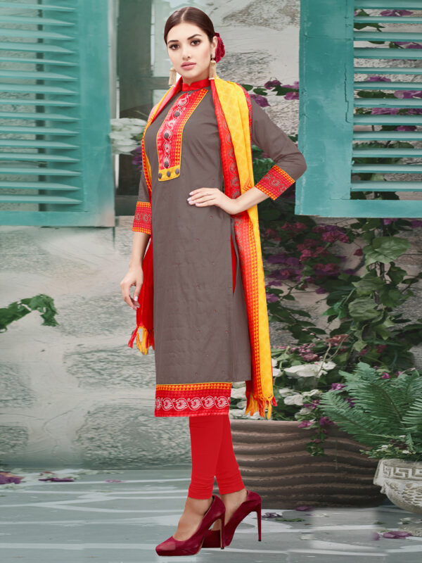 Stylee Lifestyle Brown Cotton Embroidered Dress Material