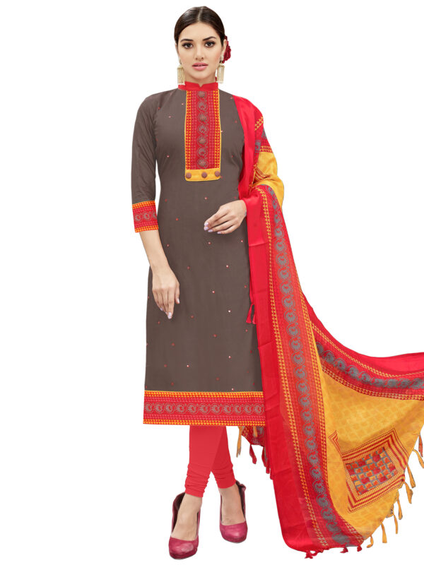 Stylee Lifestyle Brown Cotton Embroidered Dress Material