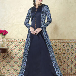 Stylee Lifestyle Navy Blue Satin Embroidered Gown