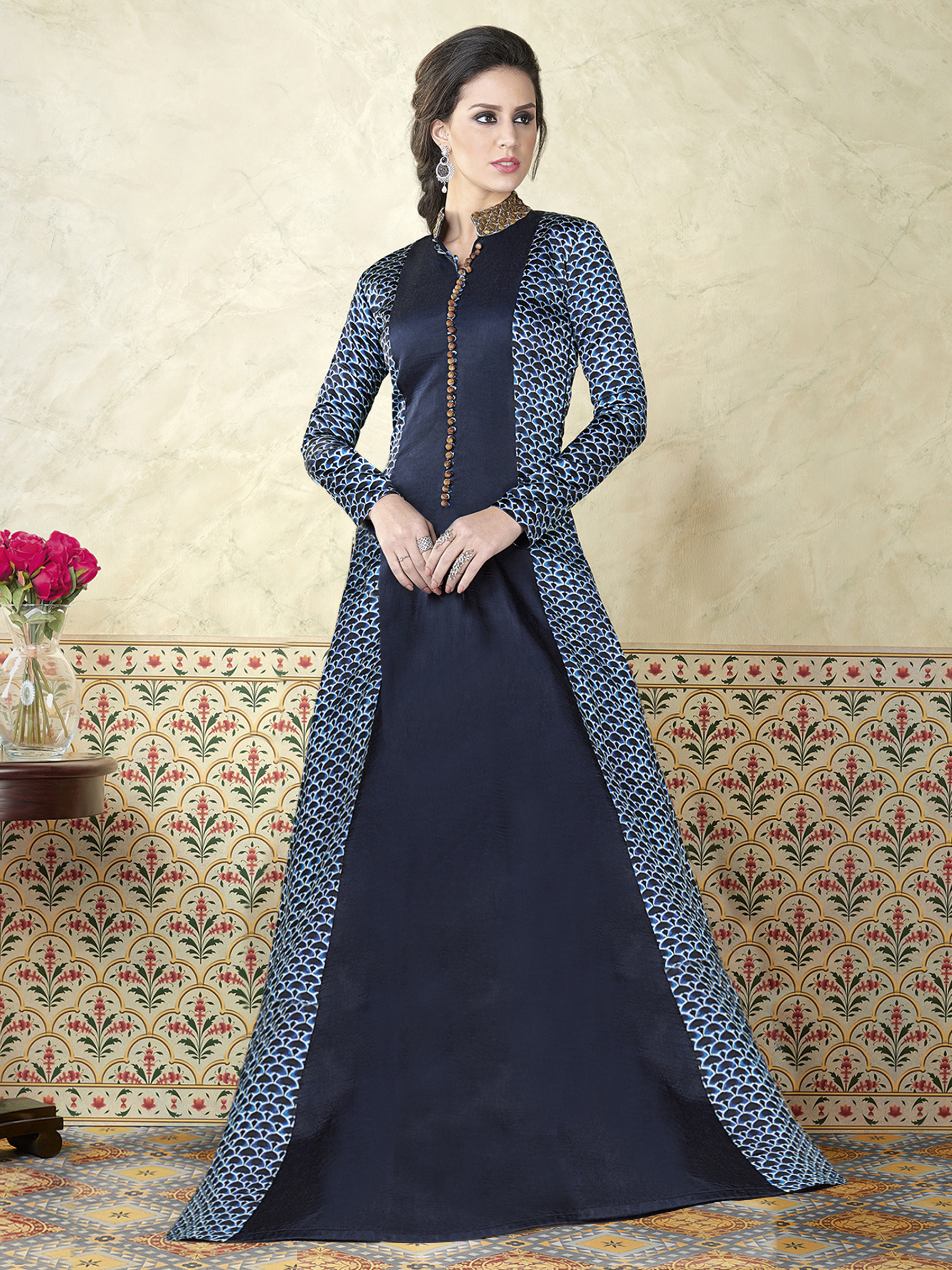 Stylee Lifestyle Navy Blue Satin Embroidered Gown