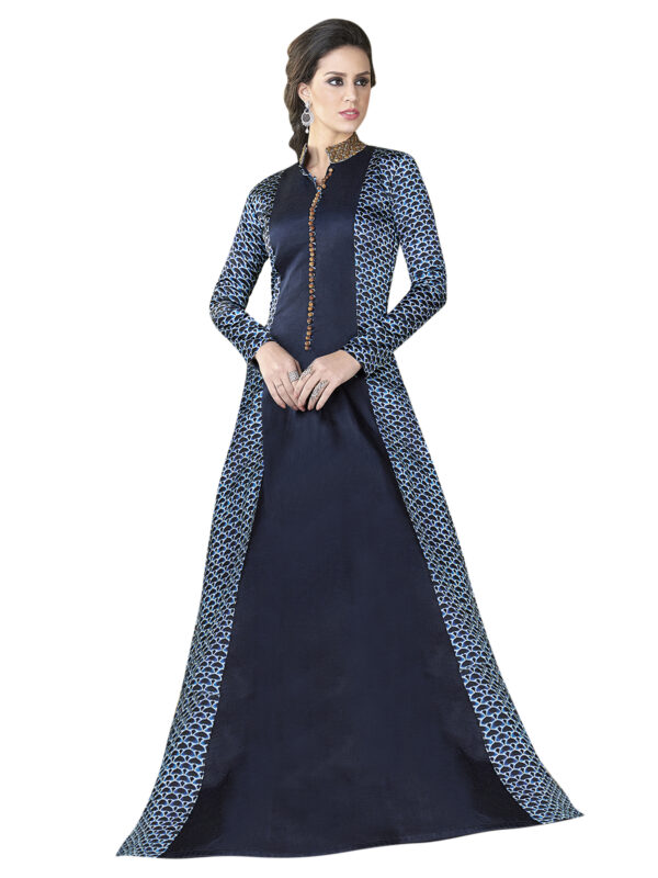 Stylee Lifestyle Navy Blue Satin Embroidered Gown