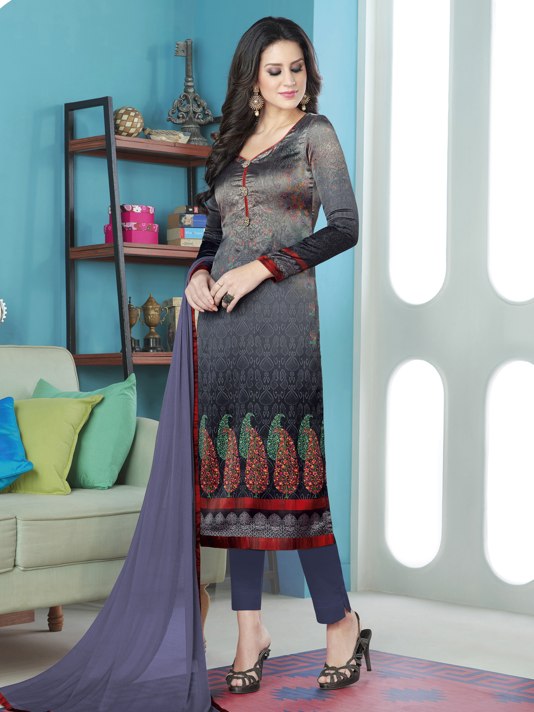 Stylee Lifestyle Grey Satin Printed Dress Material