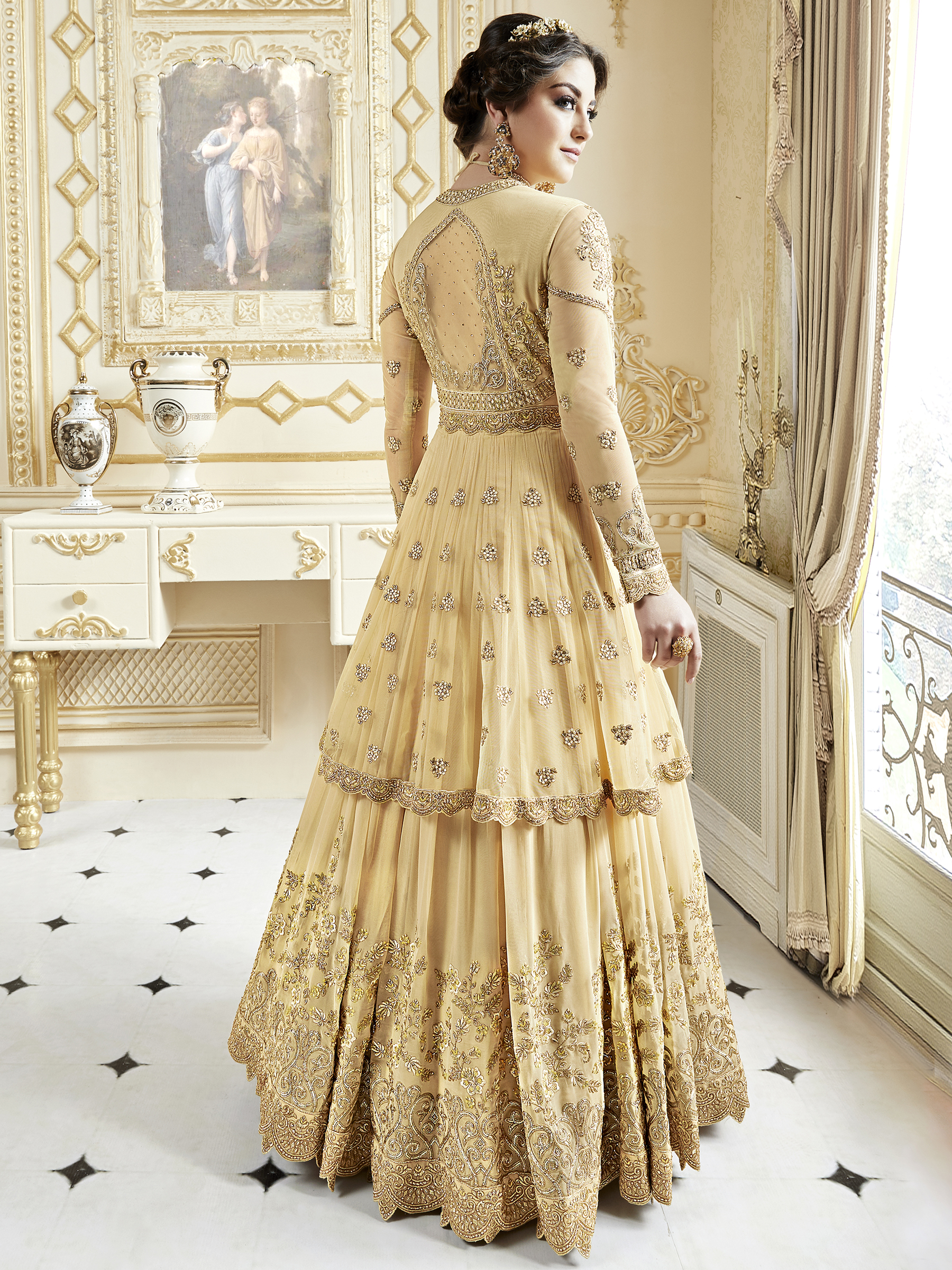 Stylee Lifestyle Yellow Net Embroidered Dress Material