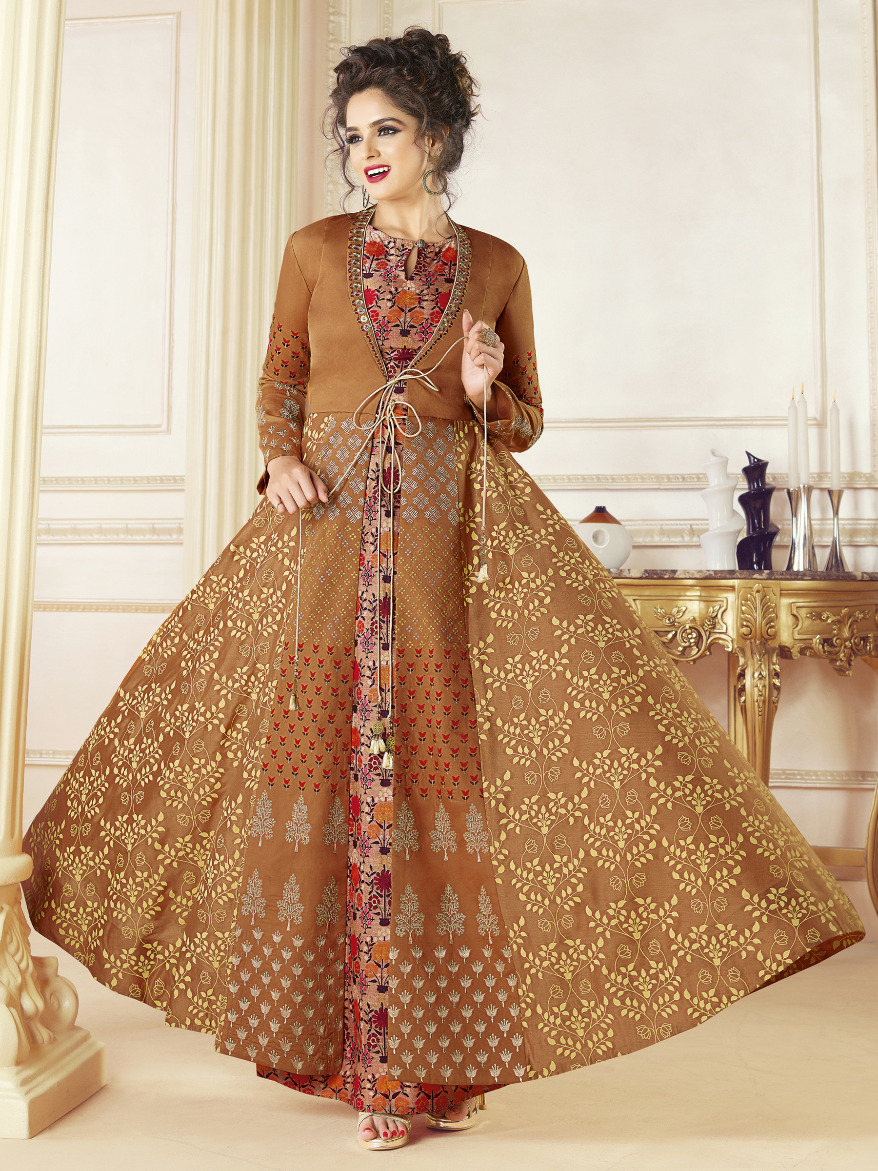 Stylee Lifestyle Rust Rayon Embroidered Gown