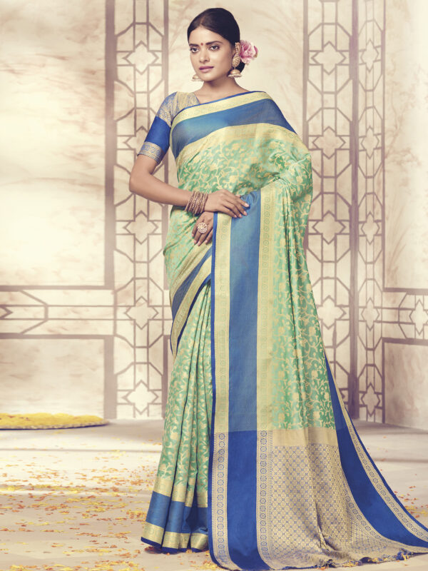 Stylee Lifestyle Turquoise Banarasi Silk Jacquard Saree