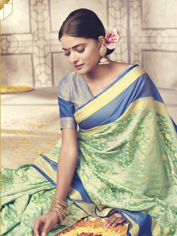 Stylee Lifestyle Turquoise Banarasi Silk Jacquard Saree