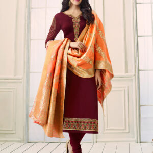 Stylee Lifestyle Maroon Satin Embroidered Dress Material