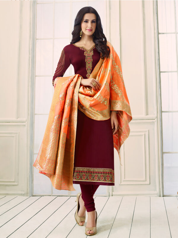 Stylee Lifestyle Maroon Satin Embroidered Dress Material