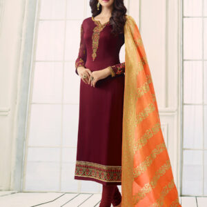 Stylee Lifestyle Maroon Satin Embroidered Dress Material