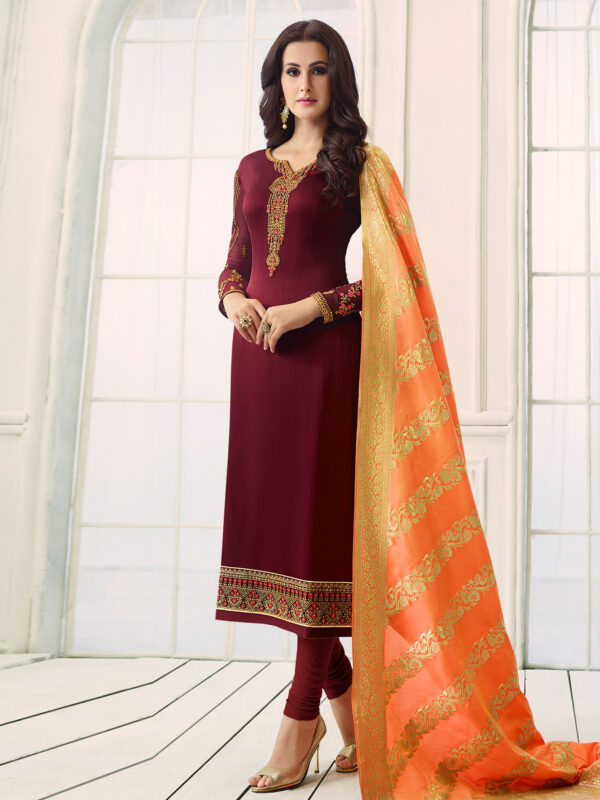 Stylee Lifestyle Maroon Satin Embroidered Dress Material