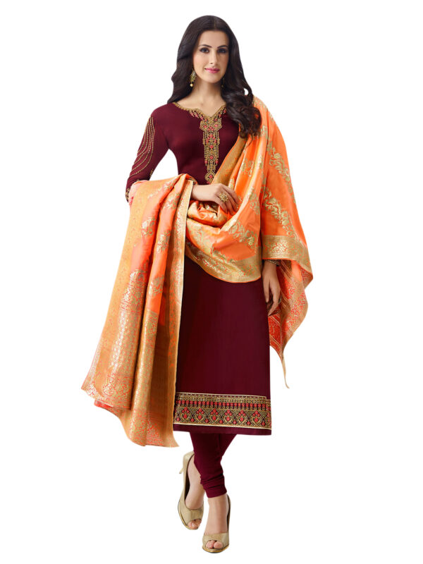 Stylee Lifestyle Maroon Satin Embroidered Dress Material