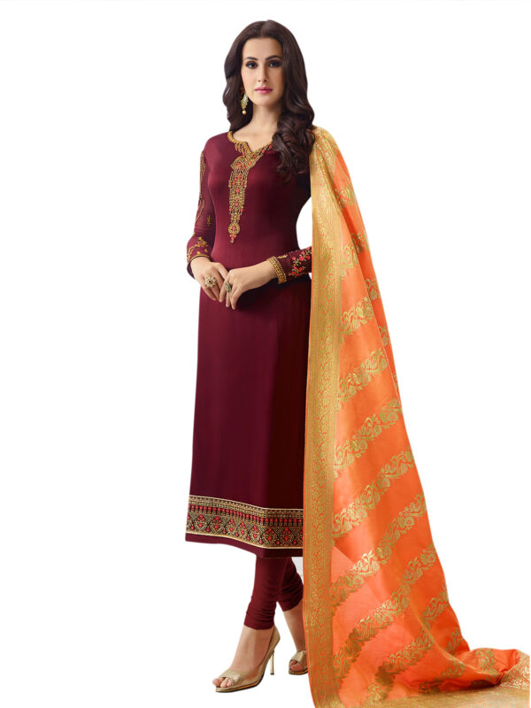 Stylee Lifestyle Maroon Satin Embroidered Dress Material