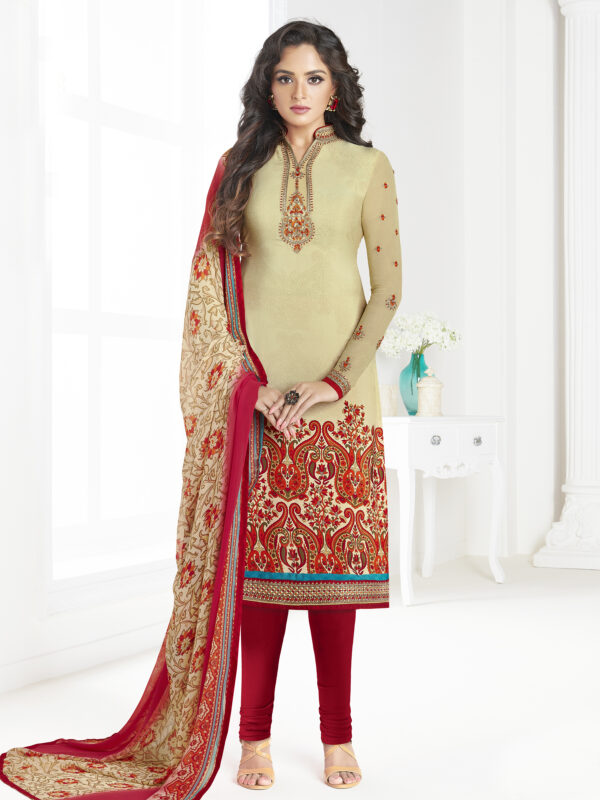 Stylee Lifestyle Beige Crepe Embroidered Dress Material