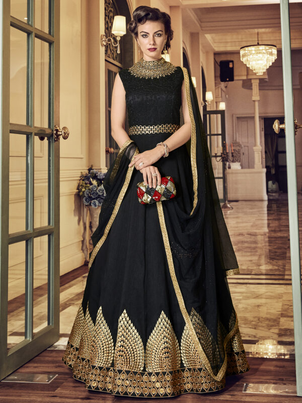 Black Raw Silk Embroidered Dress Material – ElegantFashionWear.in