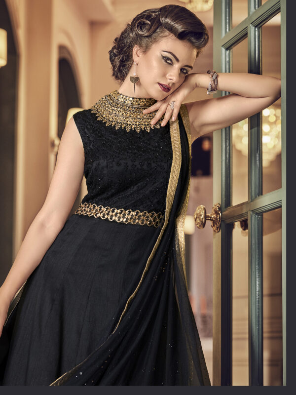 Stylee Lifestyle Black Raw Silk Embroidered Dress Material