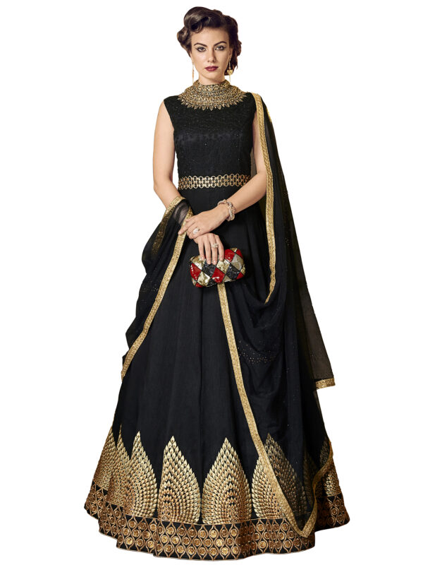 Stylee Lifestyle Black Raw Silk Embroidered Dress Material