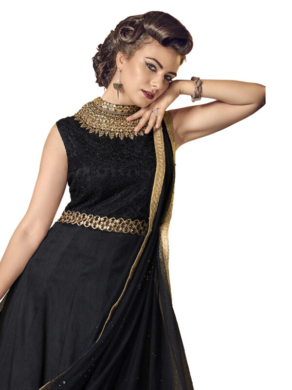 Stylee Lifestyle Black Raw Silk Embroidered Dress Material