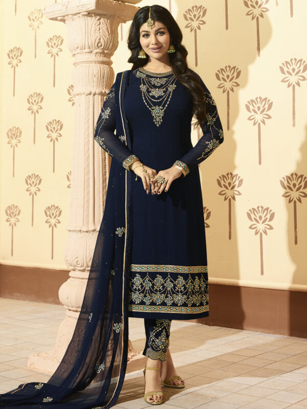 Stylee Lifestyle Navy Blue Georgette Embroidered Dress Material