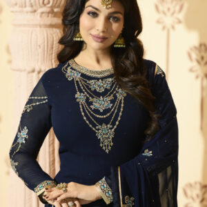 Stylee Lifestyle Navy Blue Georgette Embroidered Dress Material