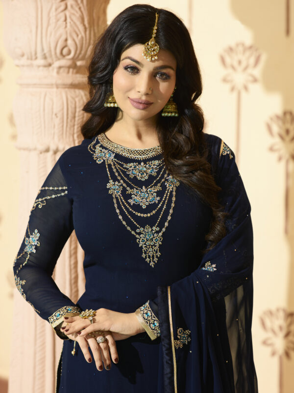 Stylee Lifestyle Navy Blue Georgette Embroidered Dress Material