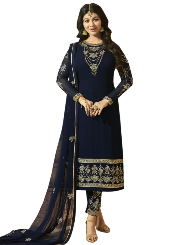 Stylee Lifestyle Navy Blue Georgette Embroidered Dress Material