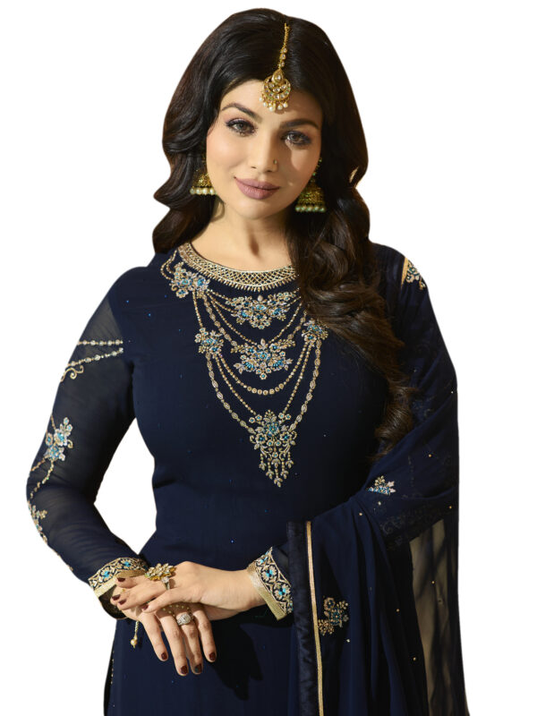 Stylee Lifestyle Navy Blue Georgette Embroidered Dress Material