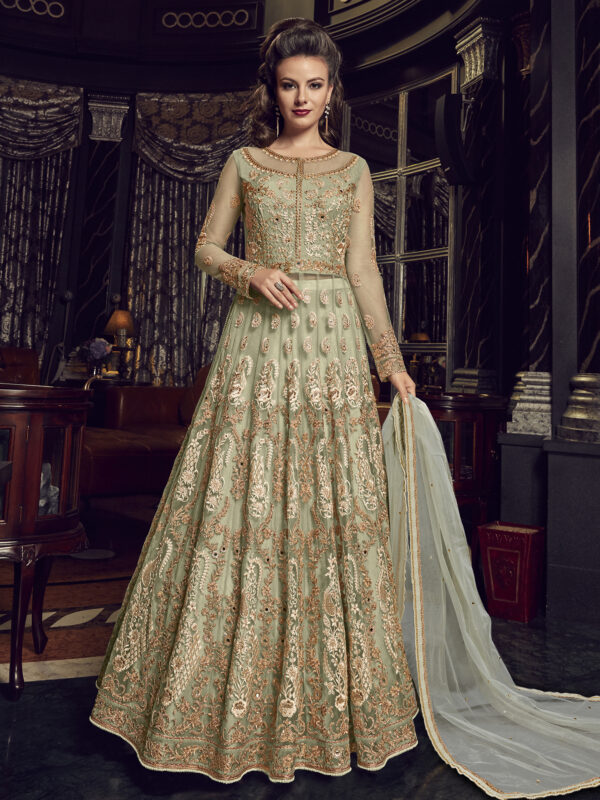 Stylee Lifestyle Green Net Embroidered Dress Material