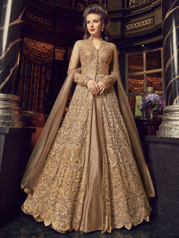 Stylee Lifestyle Beige Net Embroidered Dress Material