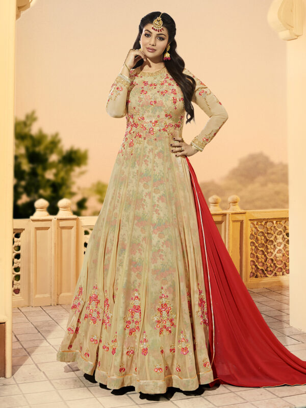 Stylee Lifestyle Beige Georgette Embroidered Dress Material