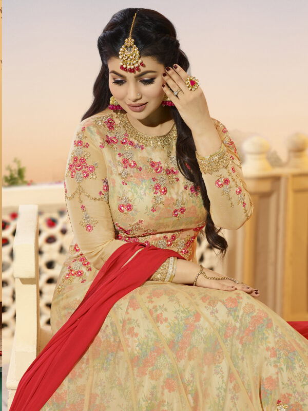 Stylee Lifestyle Beige Georgette Embroidered Dress Material