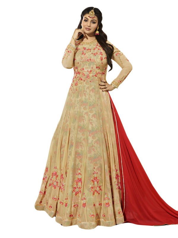 Stylee Lifestyle Beige Georgette Embroidered Dress Material