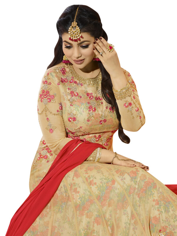 Stylee Lifestyle Beige Georgette Embroidered Dress Material