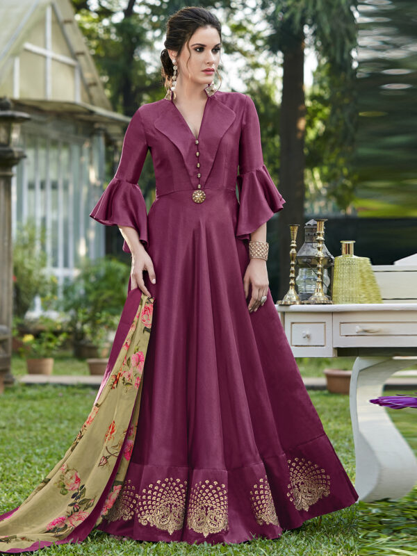 Stylee Lifestyle Wine Silk Blend Embroidered Gown
