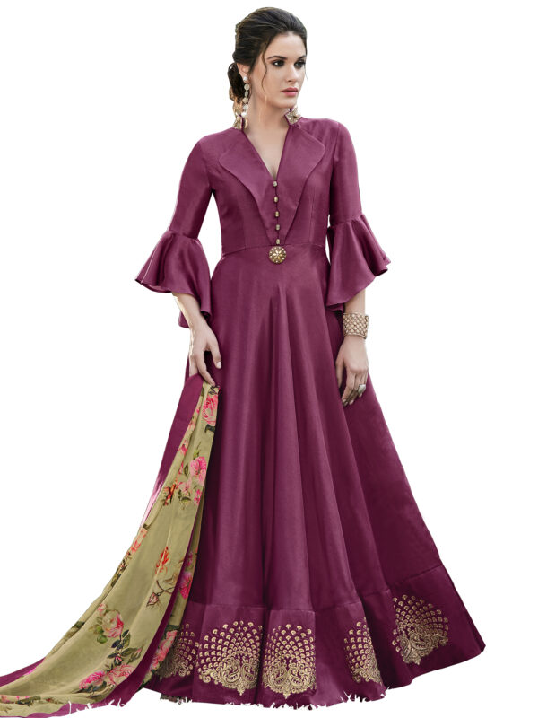 Stylee Lifestyle Wine Silk Blend Embroidered Gown