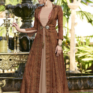 Stylee Lifestyle Beige Linen Satin Printed Gown