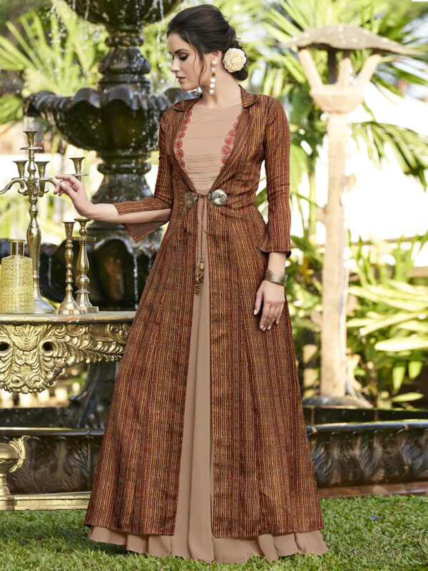 Stylee Lifestyle Beige Linen Satin Printed Gown