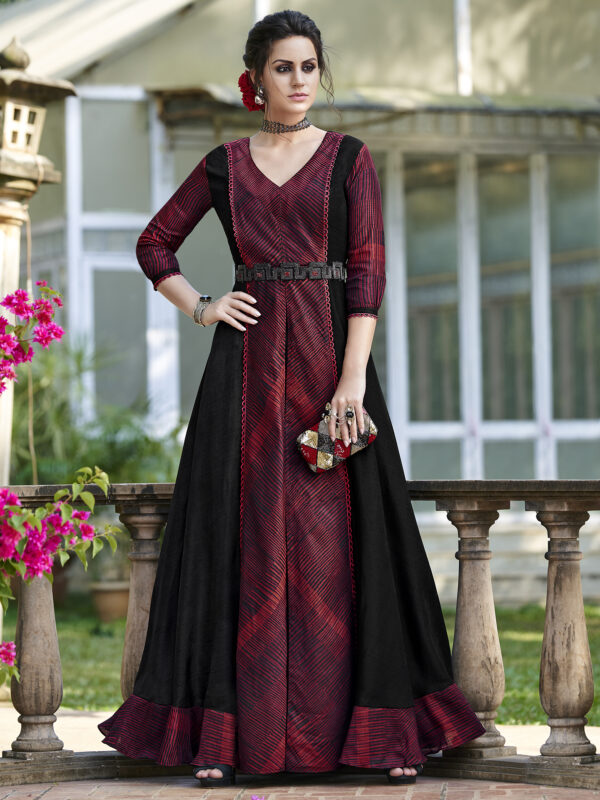 Stylee Lifestyle Maroon Tussar Silk Printed Gown