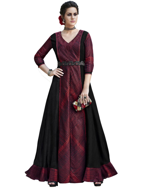 Stylee Lifestyle Maroon Tussar Silk Printed Gown