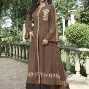 Stylee Lifestyle Brown Linen Satin Embroidered Lehenga Style