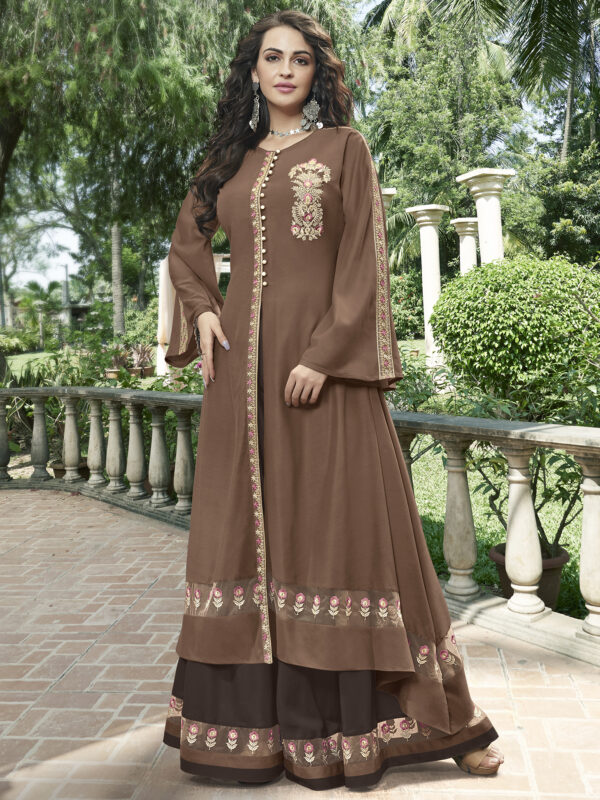 Stylee Lifestyle Brown Linen Satin Embroidered Lehenga Style
