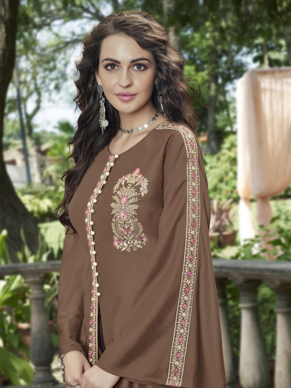 Stylee Lifestyle Brown Linen Satin Embroidered Lehenga Style