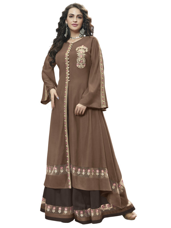 Stylee Lifestyle Brown Linen Satin Embroidered Lehenga Style