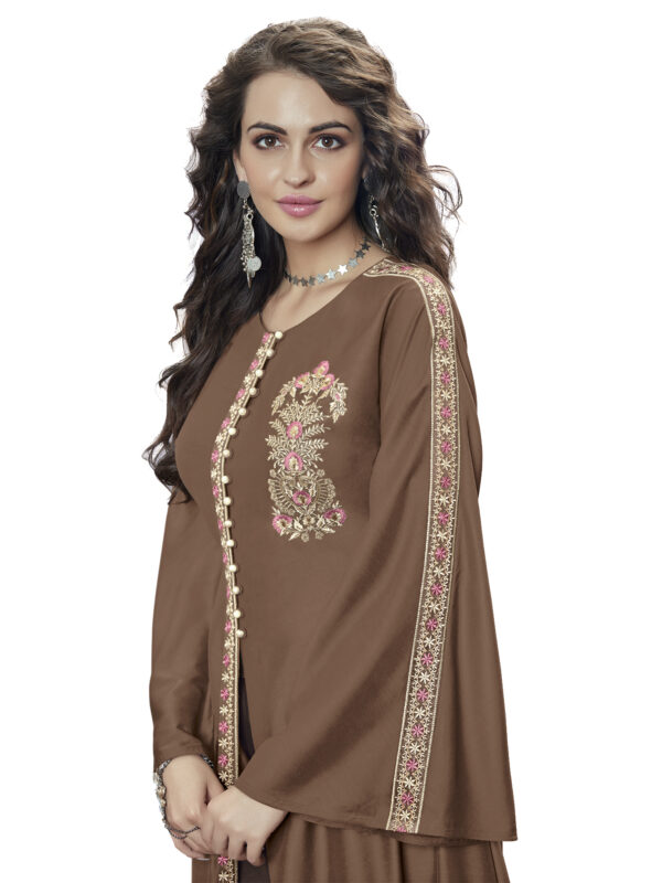 Stylee Lifestyle Brown Linen Satin Embroidered Lehenga Style