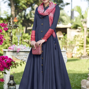 Stylee Lifestyle Navy Blue Linen Satin Solid Gown