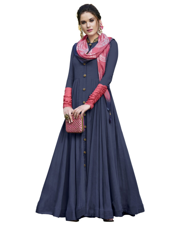 Stylee Lifestyle Navy Blue Linen Satin Solid Gown