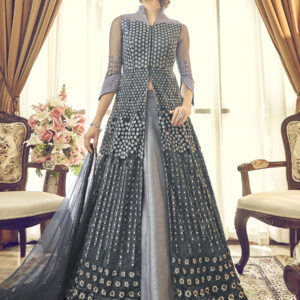 Stylee Lifestyle Grey Net Embroidered Dress Material