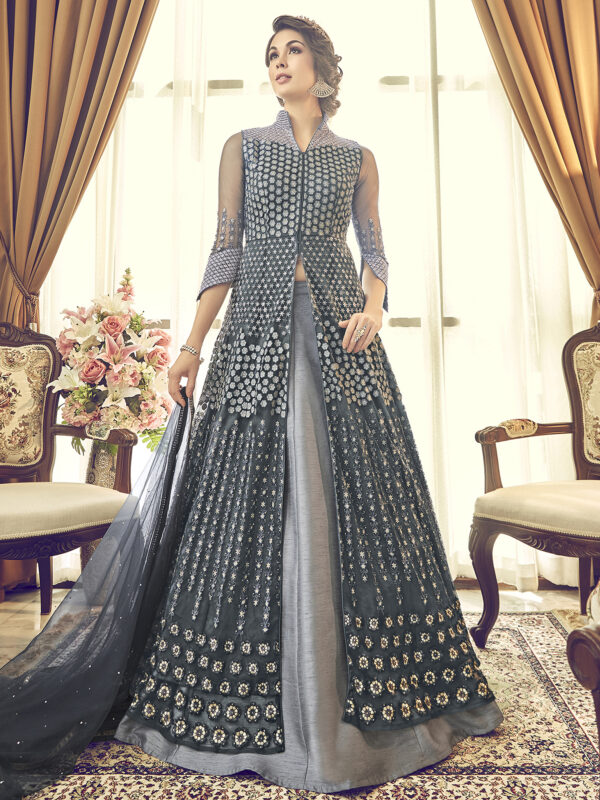 Stylee Lifestyle Grey Net Embroidered Dress Material