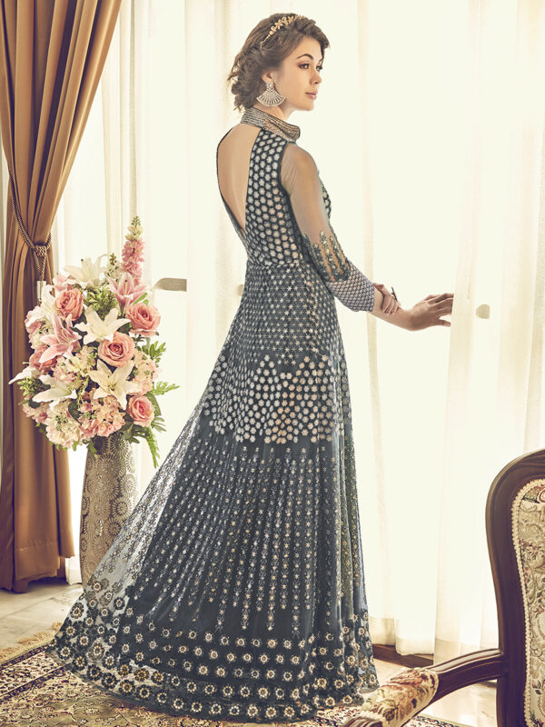 Stylee Lifestyle Grey Net Embroidered Dress Material