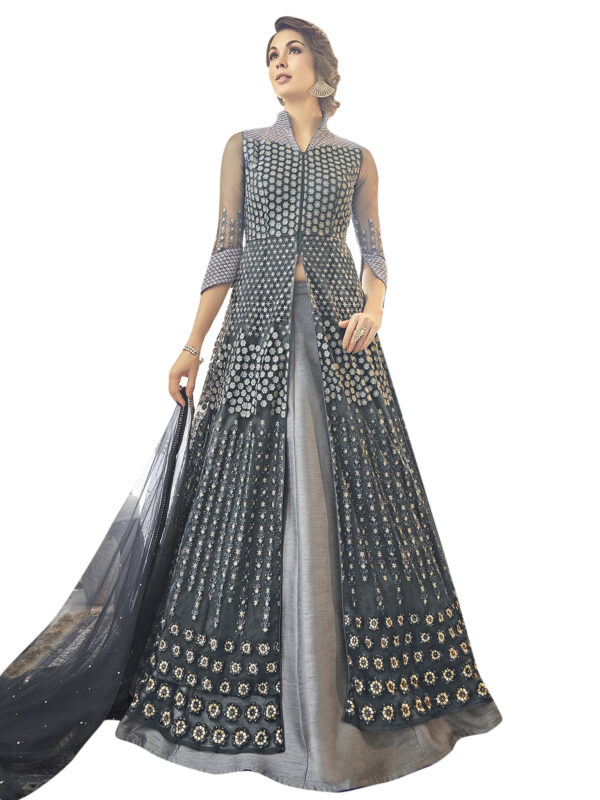 Stylee Lifestyle Grey Net Embroidered Dress Material